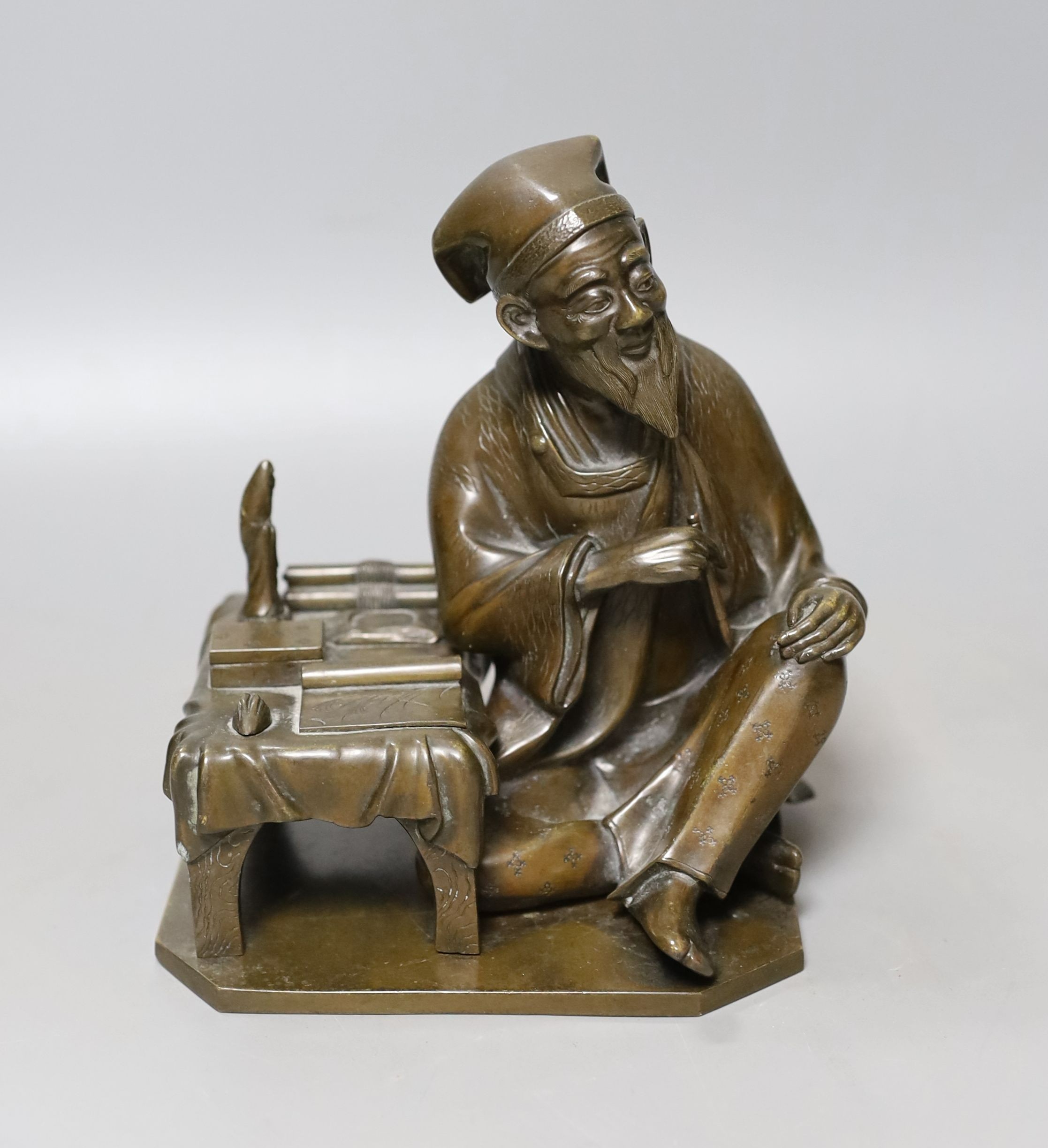 A Japanese bronze figure of a scholar, Meiji period - 18cm tall